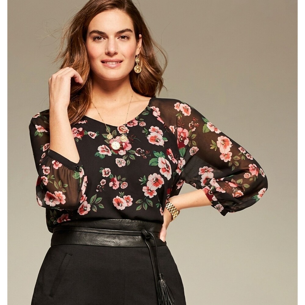 Cabi Blouse Womens Medium Garden Floral 3/4 Sleeve Sheer